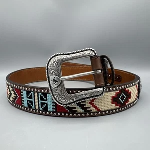 Ariat Western Men 34 Belt Leather Fabric Nailhead Concho Embossed Brown A1033297 - Picture 1 of 8