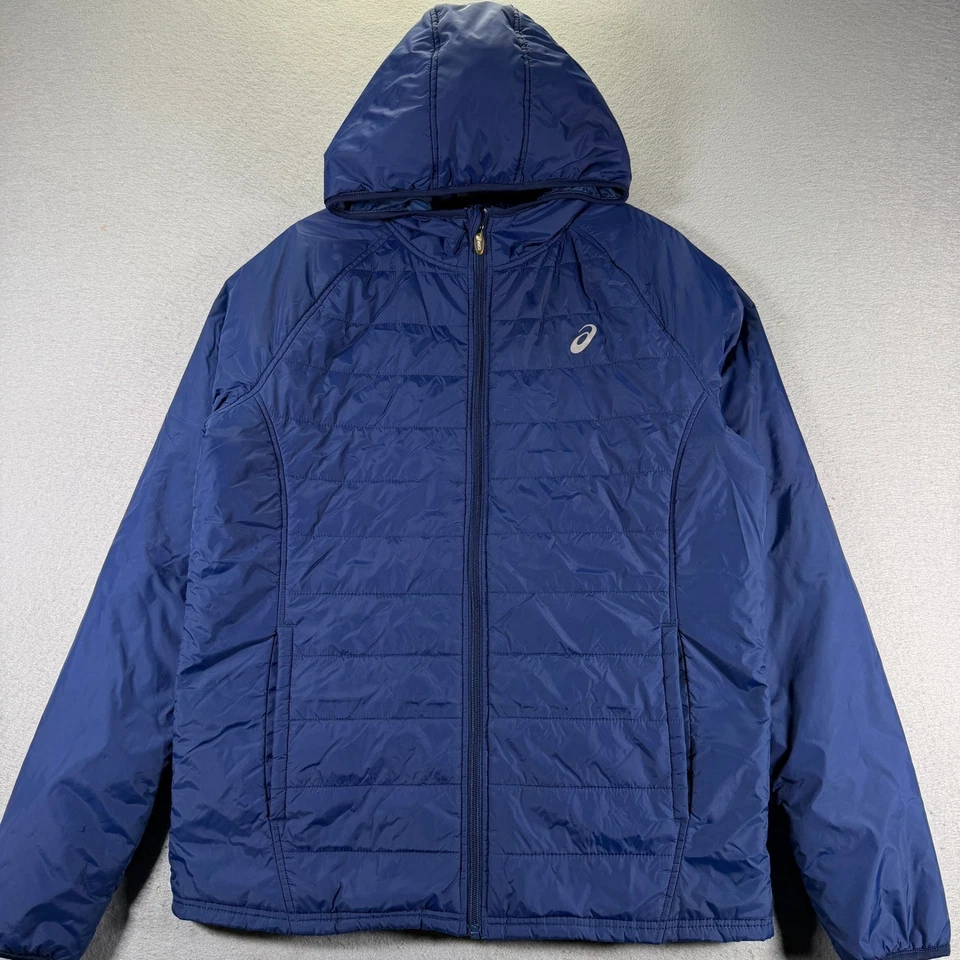 Asics Mens Blue Puffer Hooded Jacket Lightweight Full Zip Athletic Sportswear - Image 1 of 4