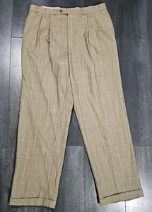 Ralph Ralph Lauren 100% Wool Trouser Men 36x32 Brown Plaid Pleated Smart Cuffed - Picture 1 of 10