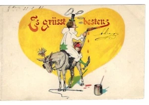 1903 German Comic Postcard Clown Painting Billboard w/ Donkey Tail Artist Signed - Picture 1 of 2