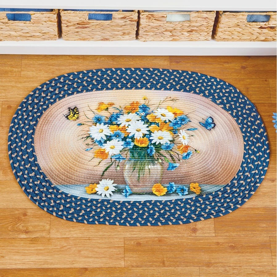 Alfombra trenzada azul blanco y amarillo con ramo de margaritas y mariposas alfombra floral de primavera Foto 1 de 1