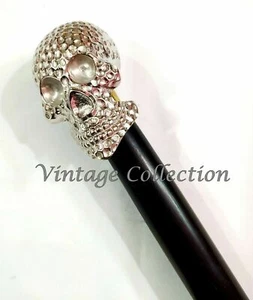 Vintage Brass Chrome Skull head handle Wooden Walking Cane Stick Antique Gift - Picture 1 of 6