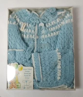 Cradle Knit Infant Baby Sweater Hat Bootie Set Blue Vintage New in Box - Image 1 of 4
