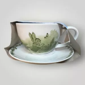 Beatrix Potter Peter Rabbit Tea Cup and Saucer Green Toile New - Picture 1 of 8
