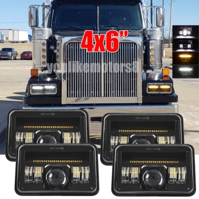4x Fit Western Star 4900 Semi Truck 4X6" LED Headlights Hi-Lo beam Halo DRL Turn - Image 1 of 4