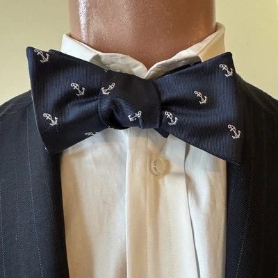 "Pajarita de seda Pensee azul con estampado de ancla hecha a mano autocorbata 2,5"" ajustable" Foto 1 de 4