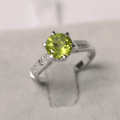 925 Sterling Silver Peridot Solitaire Ring Natural Gemstone Round Cut Women Ring - Image 1 of 4