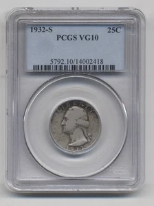 ORIGINAL Key Date 1932 S Washington 90% SILVER Quarter ~ U.S. Coin ~ PCGS VG10 - Picture 1 of 3