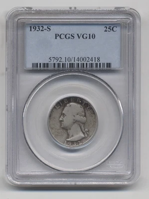 ORIGINAL Key Date 1932 S Washington 90% SILVER Quarter ~ U.S. Coin ~ PCGS VG10 - Image 1 of 3