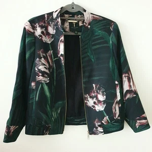 Ted Baker Jacket Size 10 2 Womens Bomber Zip Coat Green Eur 38 Ladies Floral - Picture 1 of 16