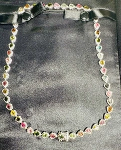 925 SILVER PRECIOUS MULTI TOURMALINE PEAR SHAPED & DIAMOND NECKLACE 16.75” - Picture 1 of 8