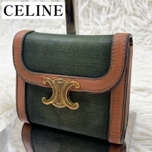 CELINE Triomphe Small Trifold Wallet Purse Canvas Leather Khaki Authentic - Picture 1 of 24