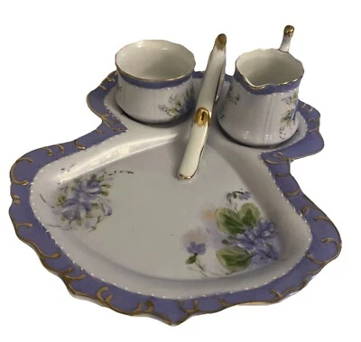 Limoges Plate With Handle And Sugar Bowl With Creamer White/ Purple  - Image 1 of 4
