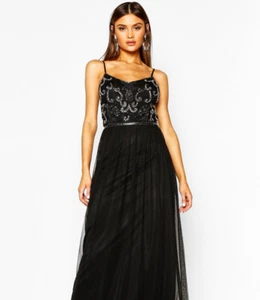 ❤️NEW❤️BOOHOO 12 M black sequin beaded long maxi evening dress SOFT STRETCH - Picture 1 of 12
