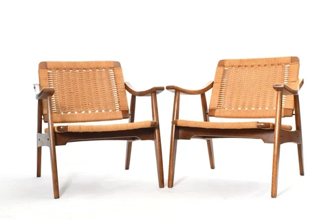Vintage 1960s Danish Modern Rope Arm Chairs Pair | Set of 2 MCM Low Chairs Cover
