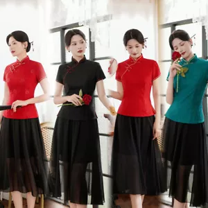 2023 Women Lace Shirt Chinese Traditional Summer Tops Evening Party Blouse M-4XL - Picture 1 of 8