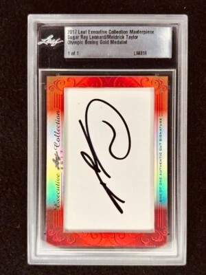 Sugar Ray Leonard & Meldrick Taylor 2017 Leaf Cut Signature signed card 1/1 JSA - Image 1 of 2