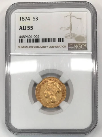 1874 P Indian Princess Head $3 Gold Piece NGC AU-55 Cover