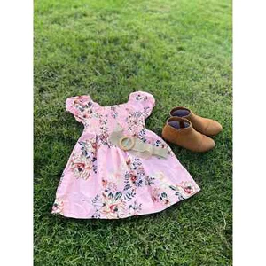 Toddler Girls Floral Print Puff Sleeve Shirred Belted Dress - Picture 1 of 7