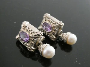 JUDITH RIPKA Sterling Silver 925 Amethyst & Freshwater Pearl Omega Earrings - Picture 1 of 7