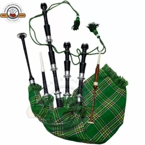 New Irish Green Tartan Scottish Highland Bagpipe Rosewood Black Silver mounts - Picture 1 of 4