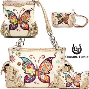 Butterfly Handbag Flower Western Purse Women Shoulder Bag Crossbody Wallet Ivory - Picture 1 of 16
