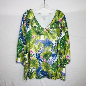 SUSAN GRAVER Top Women's XL Tropical Floral V-Neck Stretch Shirt 3/4 Sleeve - Picture 1 of 5