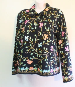 Wool Kashmiri Chainstitch Jacket Womens L Floral Pastel on Black LS David Brooks - Picture 1 of 7