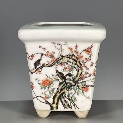 Китайский фамильный розовый фарфоровый цветочный горшок с цветами сливы и мотивами птиц - Изображение 1 из 4
