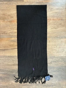 Polo Ralph Lauren Mens Embroidered Logo Solid Black 100% Lambs Wool Tassel Scarf - Picture 1 of 3
