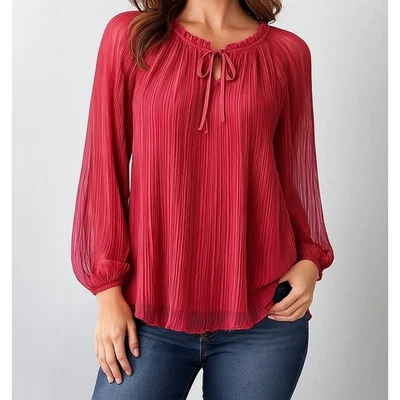 LC Lauren Conrad Pleated Tie Neck Blouse Coral Pink Long Sleeve Women's Size L - Image 1 of 4