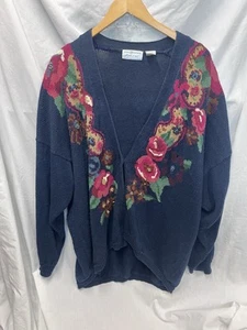 Vintage 4 Knit Sweater Women’s  Navy Button Up Cardigan Floral Patten 22/24. 3xl - Picture 1 of 12