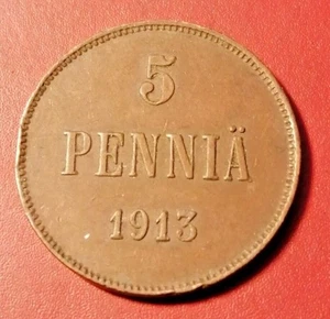 * Finlandia * 5 penniä 1913 Nikolaj II Copper * Cond.1+ * - Picture 1 of 2