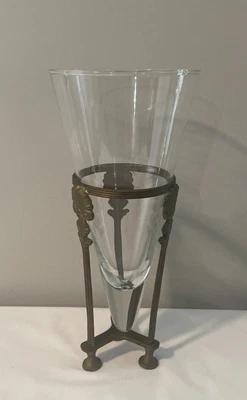 Floating Glass Flower Vase Ornate Brass Gold Stand 11” Tall - Image 1 of 4