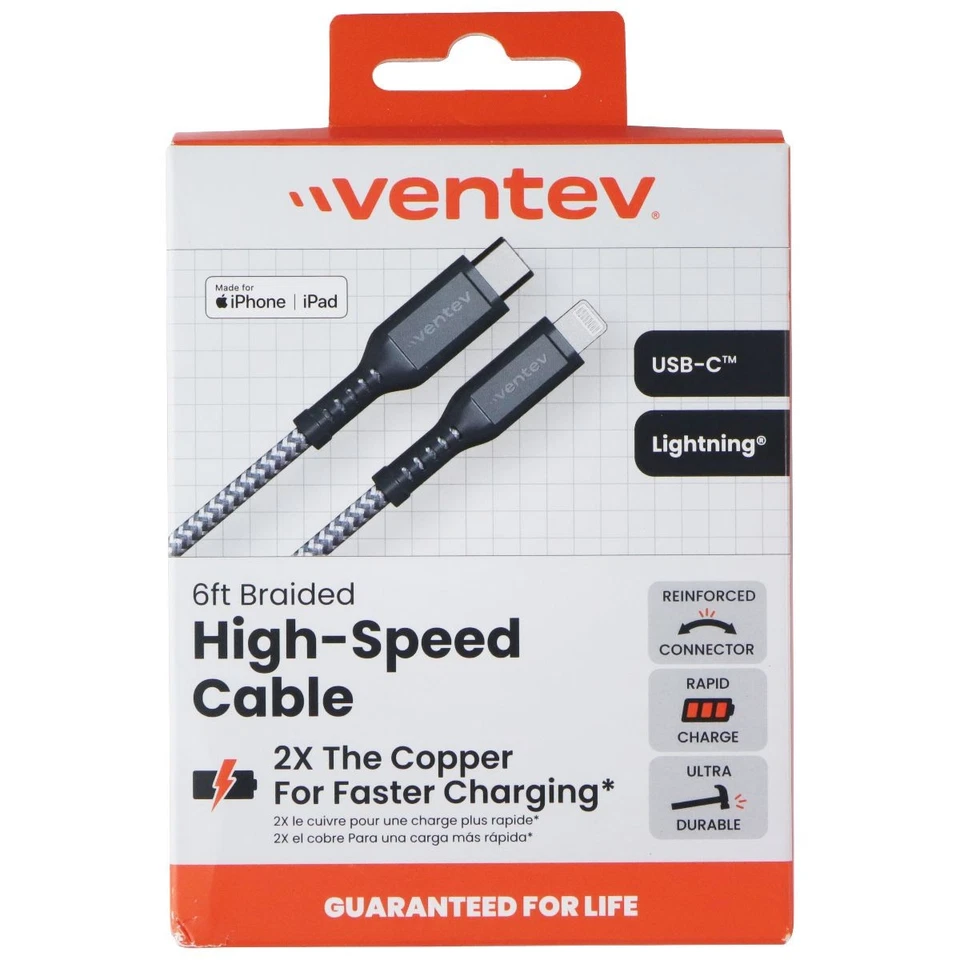 Ventev (6-Foot) USB-C to 8-Pin Braided High-Speed Cable - Black/Gray - Image 1 of 2