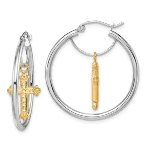 14k Two-tone D/C Cross Dangle Hoop Earrings TF1512 - Picture 1 of 4