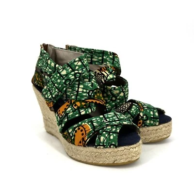 Sandalias de cuña Bettye Muller alpargata de tela africana con tiras verdes talla 36 6 Foto 1 de 4