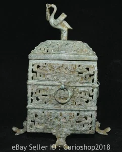 9.2" Old China Dynasty Bronze Ware Phoenix Bird Hollowing Out Square Box Statue - Picture 1 of 20