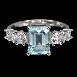 Octagon Sky Blue Topaz 9x7mm Cz 14K White Gold Plate 925 Sterling Silver Ring 8