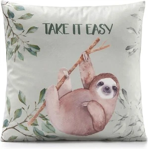 Soft Velvet Feel Printed Sloth Cushion TAKE IT EASY 45cm x 45cm Green - Picture 1 of 1