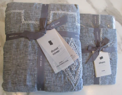 West Elm Linen Ladder Stripe Embroidery duvet King 2 king Shams slate white New - Image 1 of 3