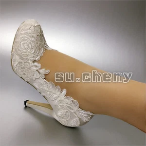 su.cheny 3 Zoll 4 Zoll Absätze weiß Elfenbeinseide Spitze geschlossene Zehenpumps Hochzeit Brautschuhe - Bild 1 von 12