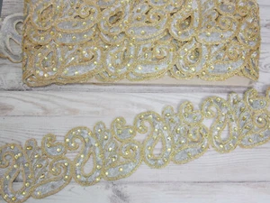 5.5cm metallic silver & gold rhinestone flower embroidered lace ribbon trimming - Picture 1 of 4