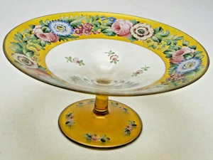 Old Hand Painted Floral and Amber Stained Clear Glass Compote 6¼in diameter - Imagen 1 de 7
