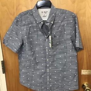 Original Penguin Short Sleeve Button Front Shirt Mini Football Pattern Mens Sz L - Picture 1 of 10