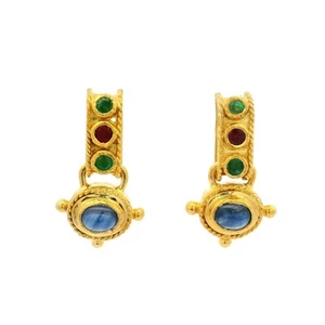 18k Yellow Gold Sapphire Emerald & Ruby Twisted Wire Work Drop Earrings - Picture 1 of 5