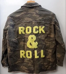 Davis & Dani Camo S Snap Shirt Jacket Rock & Roll Back Hit Letters Puffy Yellow - Picture 1 of 11