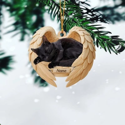 Personalized Sleeping Black Cat Christmas Ornament, Cat Angel Wings - Image 1 of 4