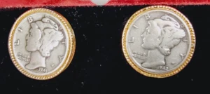 Vtg Silver Mercury Dime Coin Cufflinks Winged Liberty Head Gold Tone Rope Frame - Picture 1 of 10
