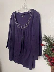 St. John’s Bay 3X Purple 3/4 Sleeve Cotton Stretchy Knit Top Beaded - Picture 1 of 5